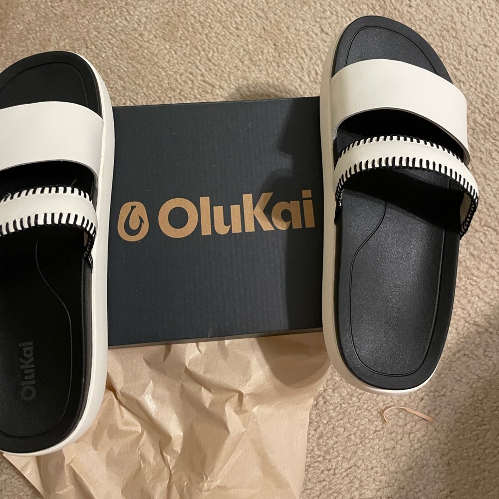 OluKai Black and White Slide Sandals